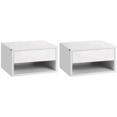 HOMCOM Set of Two Floating Bedside Tables - High Gloss White