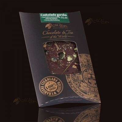 M.Pelczar Bitter chocolate 70.4% with caramelised green tea essence and bison grass 85g