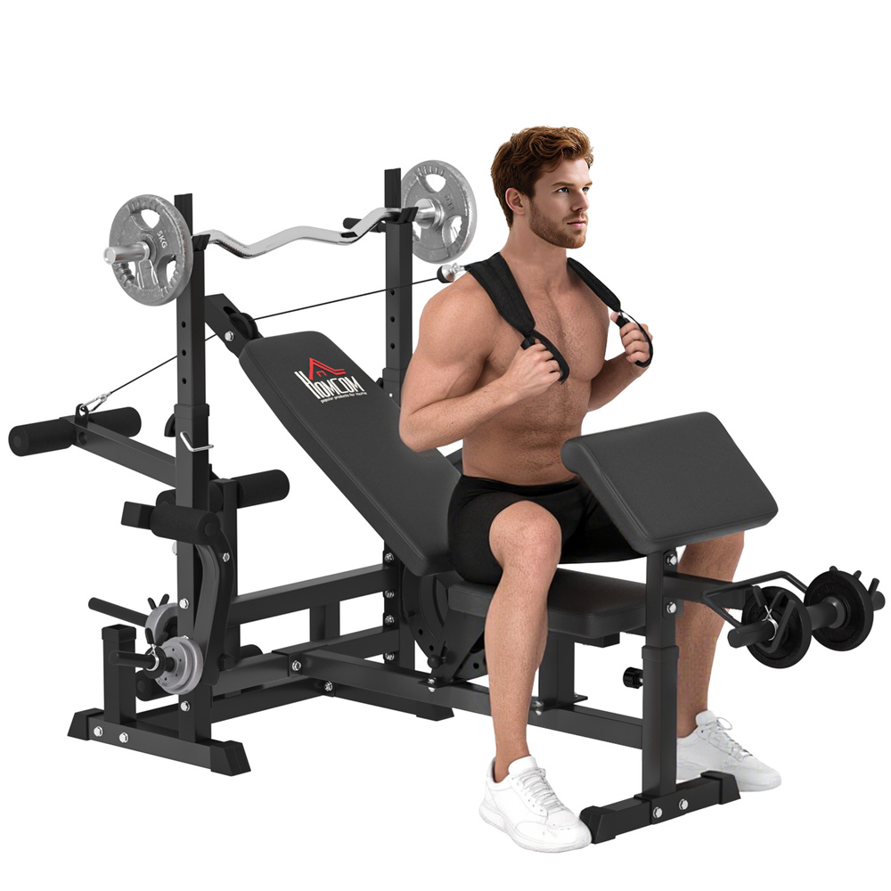 HOMCOM Weight Bench, 6 in 1 Adjustable Bench Press with Leg Extension, Barbell Rack, Preacher Curl Pad, Resistance Band, Multi-Function Home Gym Equipment for Strength Training Weightlifting