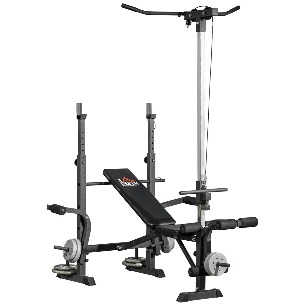 HOMCOM Adjustable Weight Bench with Pulley System, Incline Bench Press Set with Squat Rack, Leg Developer, Butterfly and Weight Storage, for Home Gym Full Body Workout