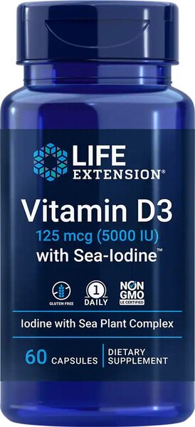 Life Extension Vitamin D3 with Sea-Iodine 5000 IU For Bone Health and Thyroid Support 60 Capsules