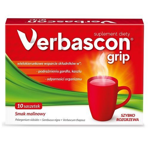 Verbascon Grip for Respiratory and Throat Problems with Raspberry Flavor 10 Sachets Best Before 05.04.26