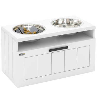 PawHut Raised Dog Bowl with Slow Feeder, Two Stainless Steel Dog Bowls, Drawer, for Large and Extra Large Dogs, White