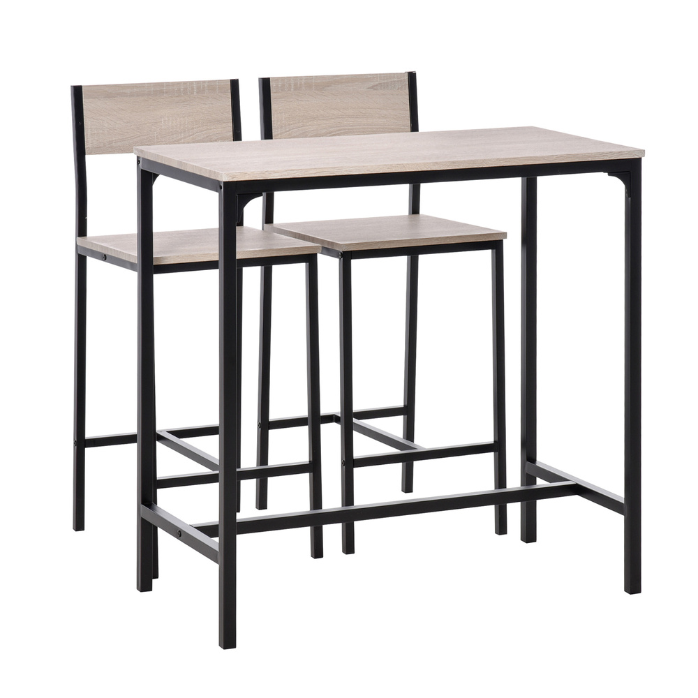 HOMCOM 3-Piece Bar Table Set with 2 Stools, Industrial Breakfast Bar Set with Footrest, Backrest for Dining Room, Small Space