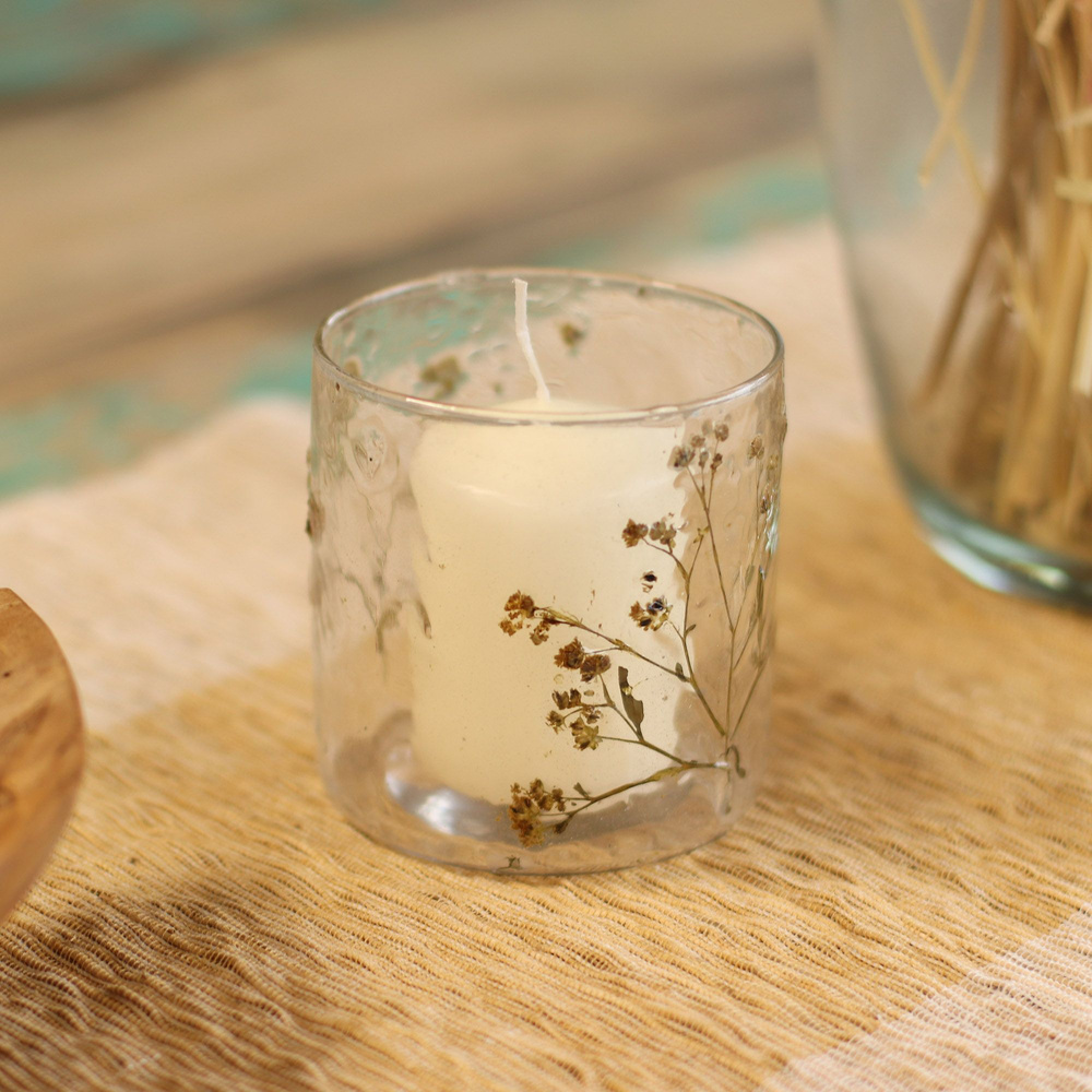 Natural Floral Glass - Straight Candle Holder - Margarita - (8x8cm)