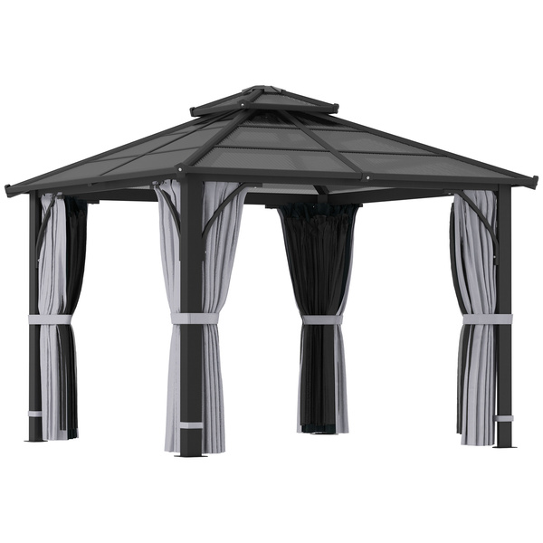 Outsunny 3 x 3(m) Hardtop Gazebo Canopy with 7mm Polycarbonate Double-Tier Roof, Garden Gazebo Permanent Pavilion with Mosquito Netting and Curtains for Patio, Deck, Dark Grey