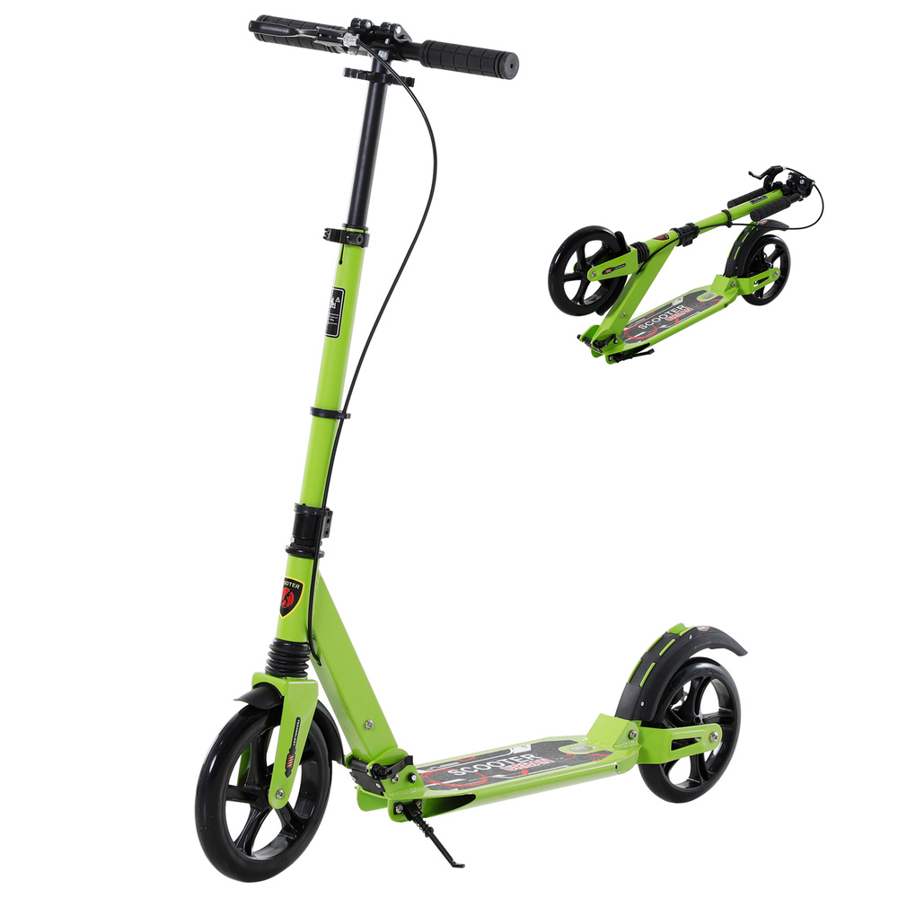 HOMCOM Kick Scooter, Folding 2 Wheel Scooter with Dual Brake System, Dual Suspension, 230mm Big Wheels and 3 Adjustable Handlebar, for 14+ Teens Adults, up to 100KG, Green