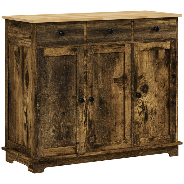 HOMCOM Sideboard with Rubberwood Top and Adjustable Shelves for Dining Room, Kitchen - Rustic Brown