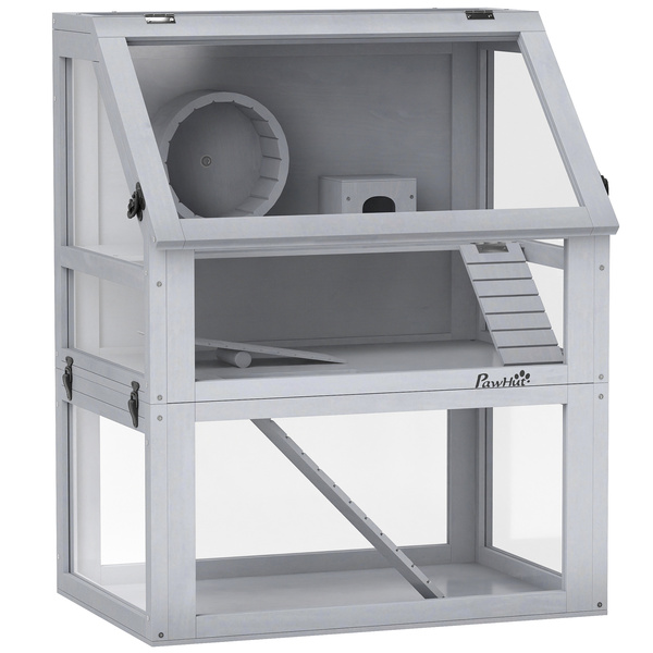 PawHut Wooden Hamster Cage with Detachable 32cm Deep Bottom, Hut, Seesaw, Exercise Wheel, Ramp, 60 x 40 x 75cm, Light Grey