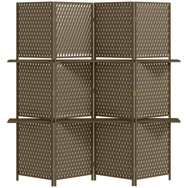 HOMCOM 4-Panel Room Dividers with Shelves, Wave Fibre Freestanding Folding Privacy Screen Panels, Partition Wall Divider for Indoor Bedroom Office, 180 cm, Brown