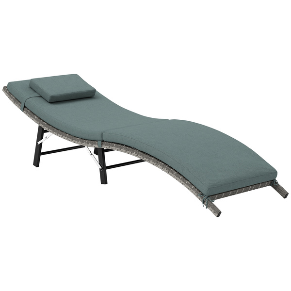 Outsunny Rattan Folding Sun Lounger Outdoor Chair with Cushion and Pillow Mixed Grey
