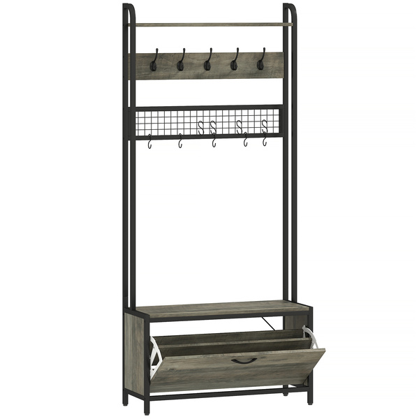 HOMCOM 5-In-1 Industrial-Style Hallway Tree - Grey/Black