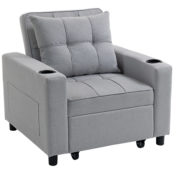 HOMCOM 3-in-1 Single Sofa Bed, Convertible Sleeper Chair Bed - Light Grey