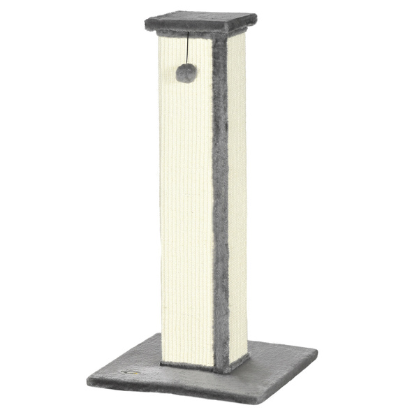 PawHut 81cm Cat Scratcher, Vertical Full Scratcher w/ Natural Sisal Rope, Hanging Ball, Soft Plush - Grey