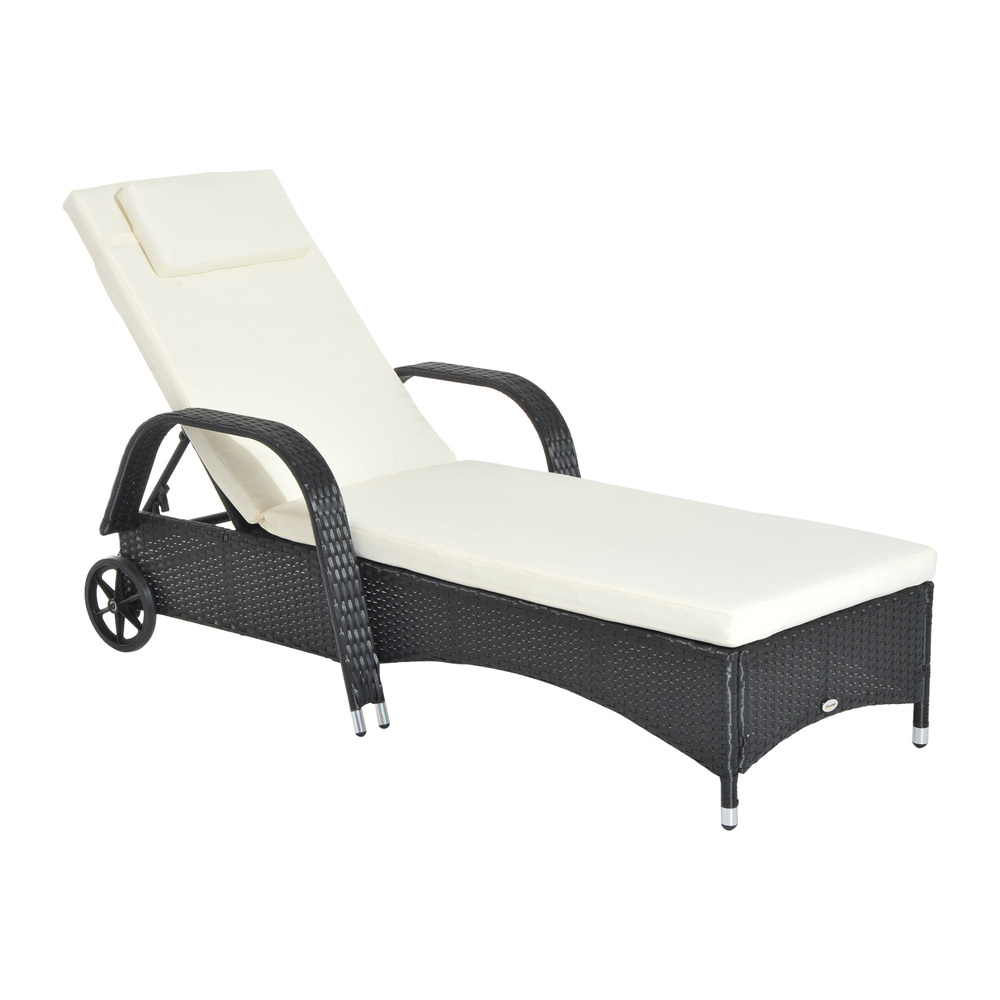 Outsunny Rattan Sun Lounger, Garden Lounger Recliner with Wheels and Adjustable Backrest, Outdoor Reclining Sunbed Garden Chair with Cushion and Headrest for Patio, Beach, Terrace, Black