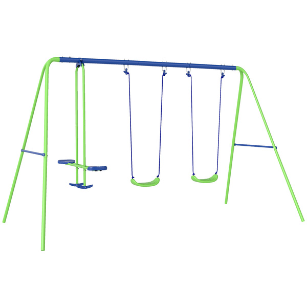 Outsunny Metal Garden Swing Set Height Adjustable Children Outdoor Backyard Play Set for Toddlers Over 3 Years Old, Green
