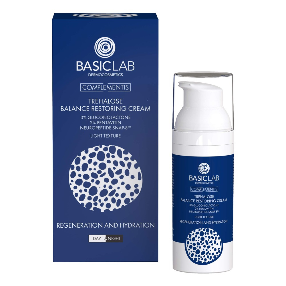BasicLab Trehalose Light Balancing Cream 3% Gluconolactone 2% Pentavitin Regeneration and Moisturization for Day and Night 50ml