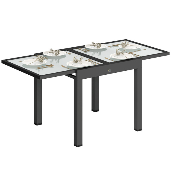 Outsunny Extending Garden Table, Outdoor Dining Table with Aluminium Frame and Tempered Glass Tabletop, 80/160 x 80 x 75 cm, Black and Clear