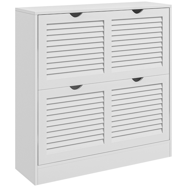 HOMCOM 2 Drawers Entryway Shoe Cabinet, Narrow Shoe Storage Cabinet with 2 Flip Drawers, Louvred Door Design and Adjustable Shelves for 16 Pairs of Shoes, White