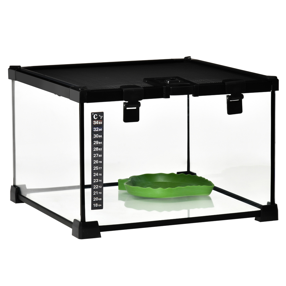 PawHut Glass Reptile Terrarium Insect Breeding Tank Vivarium Habitats with Thermometer for Lizards, Horned Frogs, Snakes, Spiders - Small 30 x 30 x 20cm