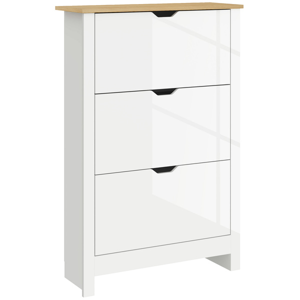 HOMCOM Slim Shoe Cabinet, Narrow Shoe Cupboard with 3 Flip Drawers, Adjustable Shelves for 18 Pairs of Shoes, High Gloss White