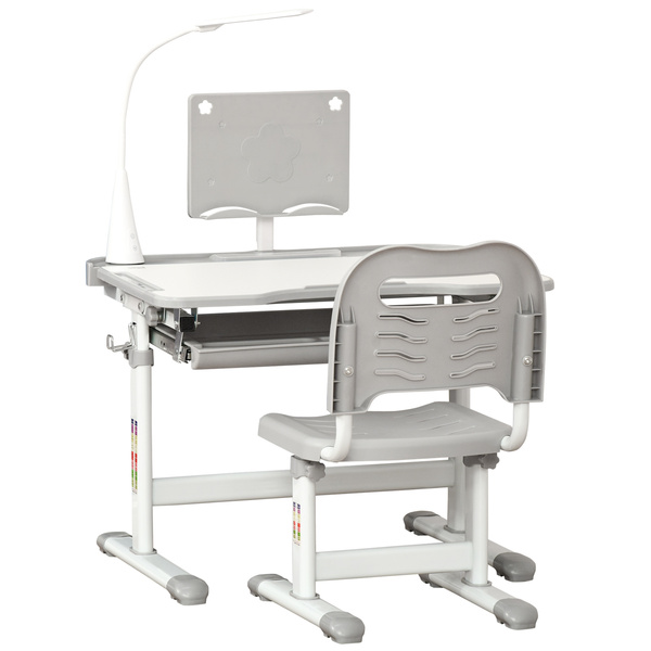 HOMCOM Kids Study Desk and Chair Set w/ Adjustable Height, Storage, Drawer, Grey