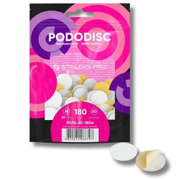 Staleks Pro Expert Pododisc Disposable Pedicure White Files Discs on Soft Foam Layer Size M 20mm Grit 180 50pcs