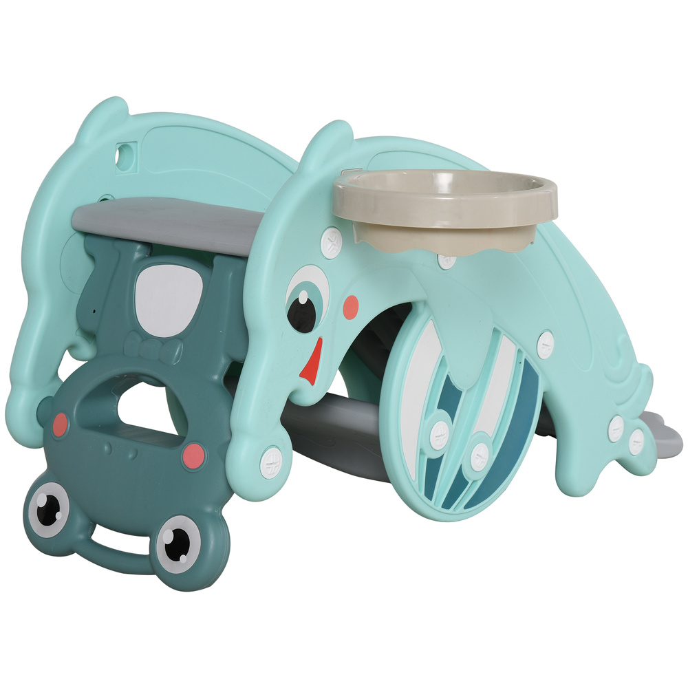 HOMCOM 3-in-1 Baby Rocking Horse Portable Slide Basketball Hoop Equipment Indoor Outdoor Playground Toy, Age 18-36 Months, Green