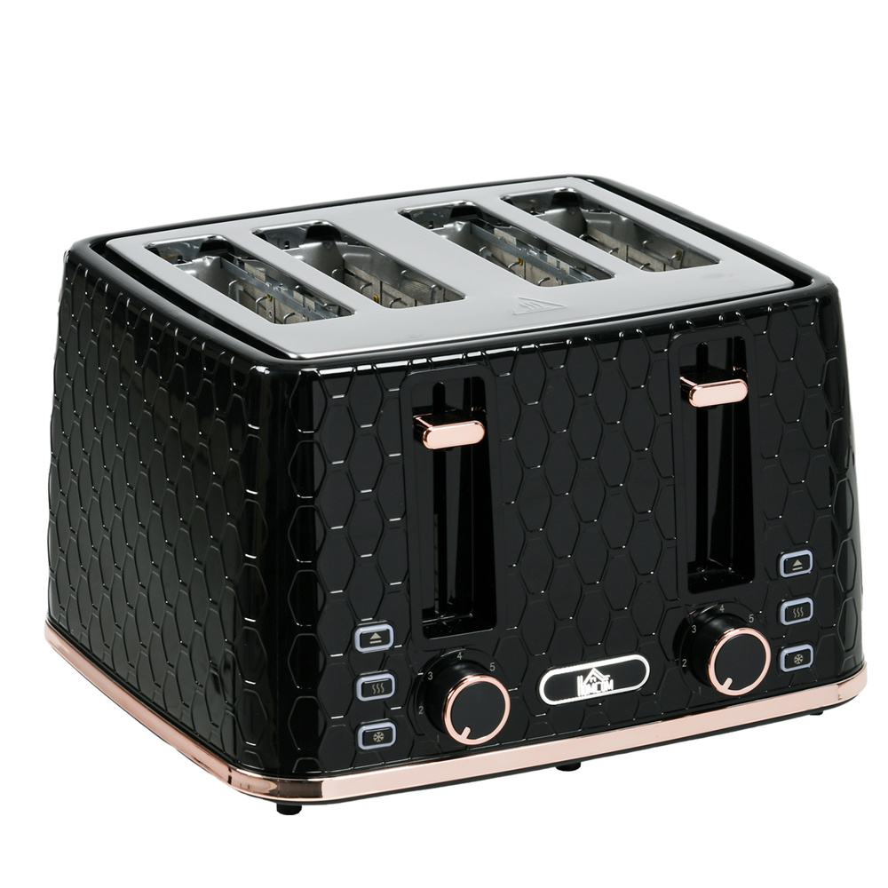 HOMCOM 4 Slice Toaster with 7 Browning Levels, High Lift, Reheat/Defrost/Cancel, Self-centring Function, Removable Crumb Tray, Auto Off, 1600W, Black Honeycomb Texture