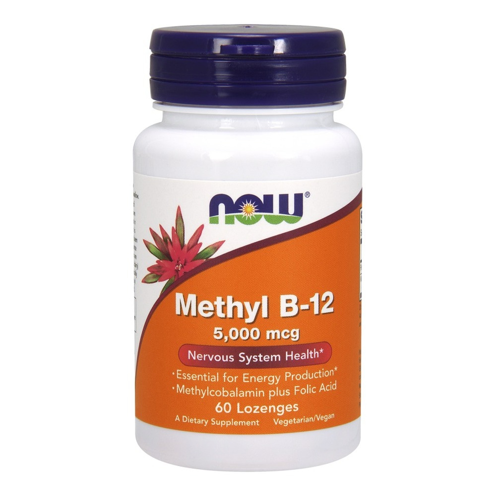 NOW Foods Methyl B-12 with Folic Acid 5000mcg Vitamin B12 in Lozenges For Energy and Nervous System 60 Lozenges