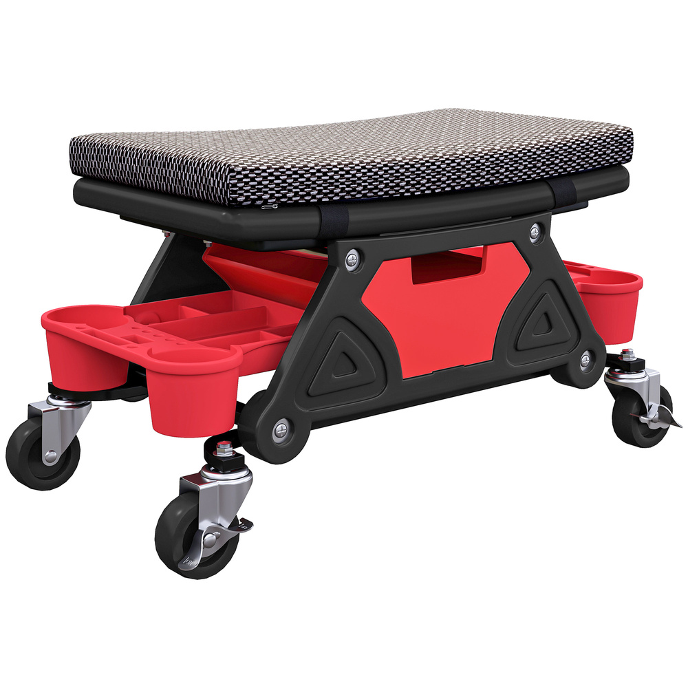 HOMCOM Rolling Mechanic Stool, 135kg Capacity Workshop Stool, 360° Swivel Roller Padded Creeper Seat with Wheels, Slide Out Tool Trays and Drawer for Garage, Shop, Auto Repair, Black