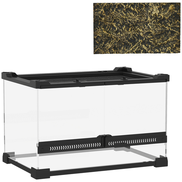 PawHut Reptile Glass Terrarium with Stone Background, Front Ventilation, Escape-Proof Knob Lock, 30 x 20 x 20 cm, Black