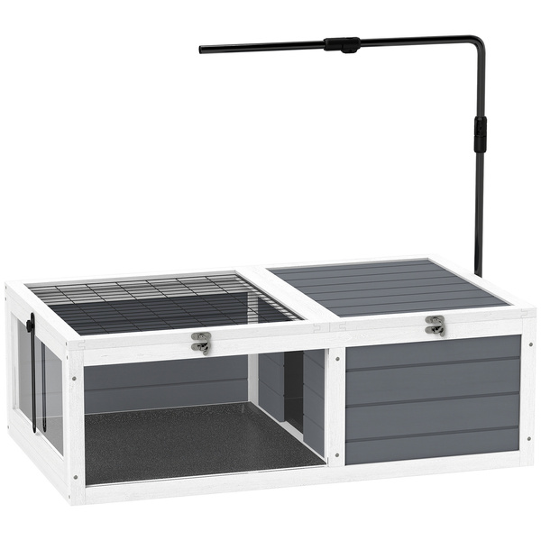 PawHut Tortoise Table with Adjustable Lamp Holder, Wooden Tortoise House w/ Openable Lids, Pull-Out Trays - Grey