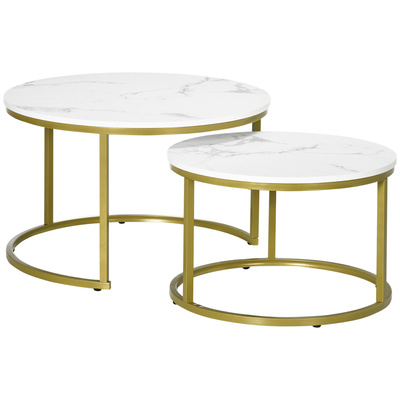 HOMCOM Coffee Table Set of 2, Round Nest of Tables with Metal Frame, Modern Side Tables for Living Room, White