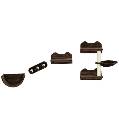 PawHut 4PCs Wall-Mounted Cat Shelves w/ Scratching Post, Hammock, Nest - Brown