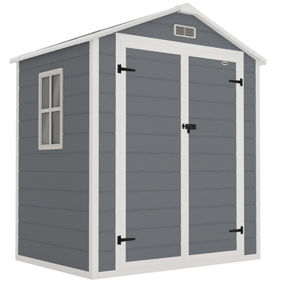 Outsunny 6x4.5ft Garden Storage Shed, Lockable Shed for Small Terraced Gardens with Double Doors, Window, Vent and Plastic Roof, Low Maintenance, Grey