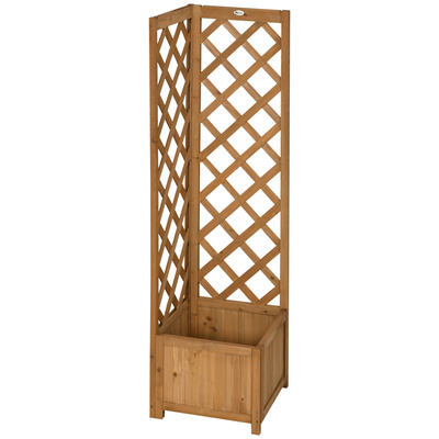 Outsunny Wooden Planter with Corner Trellis, Freestanding Raised Garden Bed with Drainage Bottom, Outdoor Planter Box, Brown
