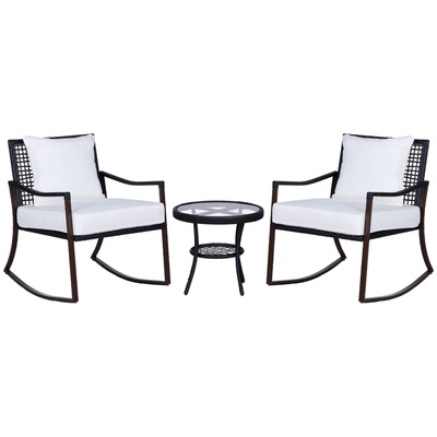 Outsunny Rattan Bistro Set, 3 Pieces Wicker Garden Furniture Set with Rocking Chairs and Round Glass Top Coffee Table, Small Balcony Furniture with Cushions for Outdoor, Porch, Brown