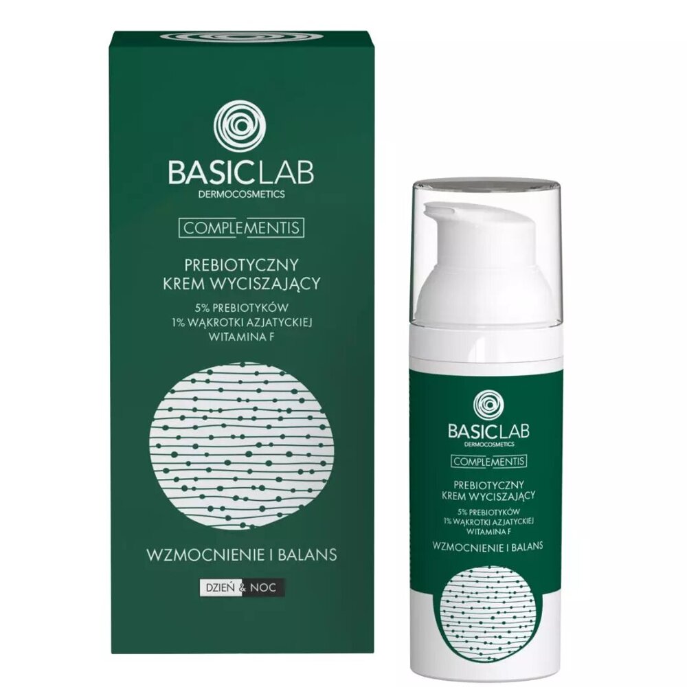 BasicLab Prebiotic Light Calming Cream with 5% Prebiotics 1% Centella Asiatica and Vitamin F Strengthening and Balancing for Problematic Skin Day and Night 50ml