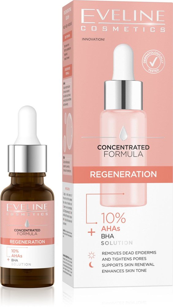 Eveline Concentrated Formula Regenerating Serum with 10% AHA BHA Acid for Face Neck and Decollete 18ml