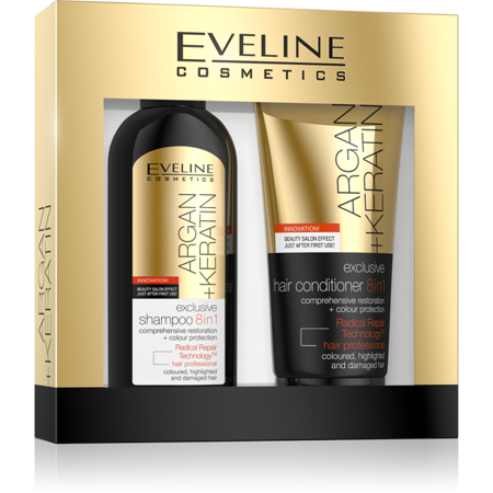 Eveline Cosmetics Gift Set Argan Keratin Hair Shampoo Conditioner for Weakened Hair 150x200ml