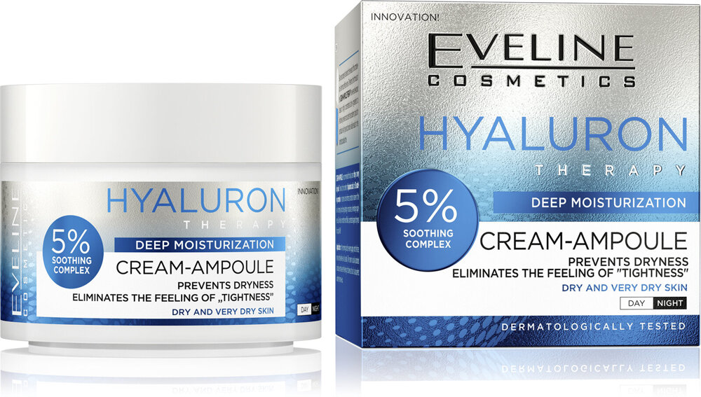 Eveline Hyaluron Deeply Moisturizing Cream-Ampoule 5% Soothing Complex for Dry and Very Dry Skin 50ml
