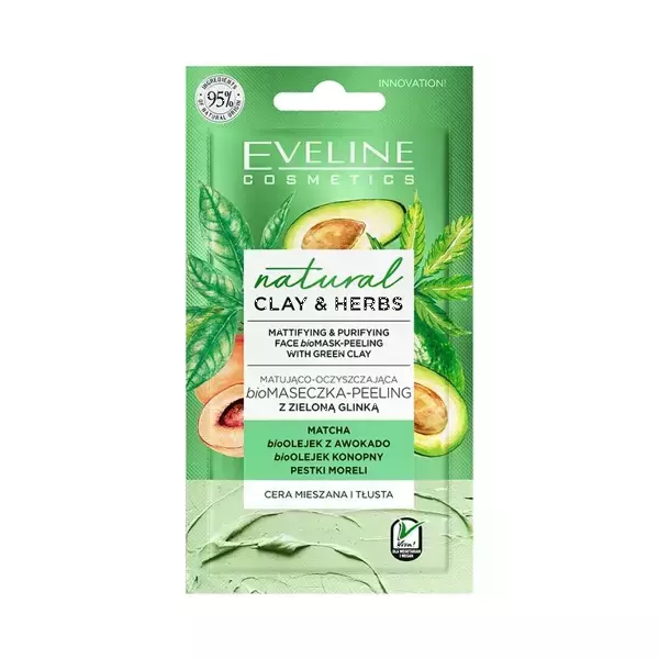 Eveline Natural Clay&Herbs Mattifying Purifying Biomask Face Peeling with Green Clay 8ml