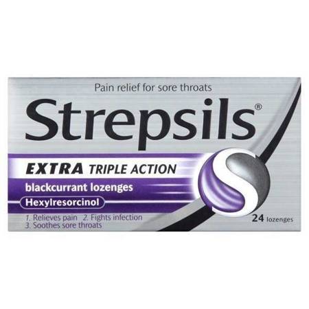Strepsils Extra Triple Action Blackcurrant Lozenges Relieving Pain 24 Lozenges