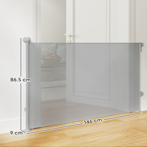 PawHut Retractable Stair Gate Extends Up to 140 cm Wide, Dog Gate for Doorways, Stairways, Hallways, Grey