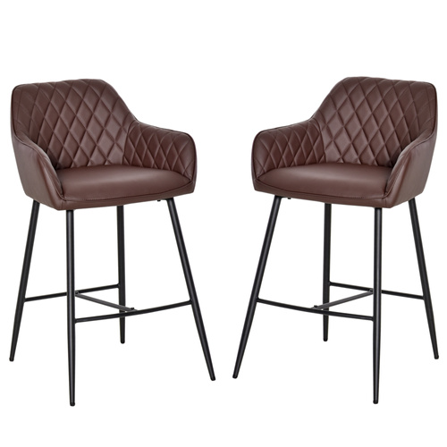 HOMCOM Set of 2 Bar stools Retro PU Leather Bar Chairs w/ Footrest Metal Frame Comfort Support Stylish Dining Seating Home Brown