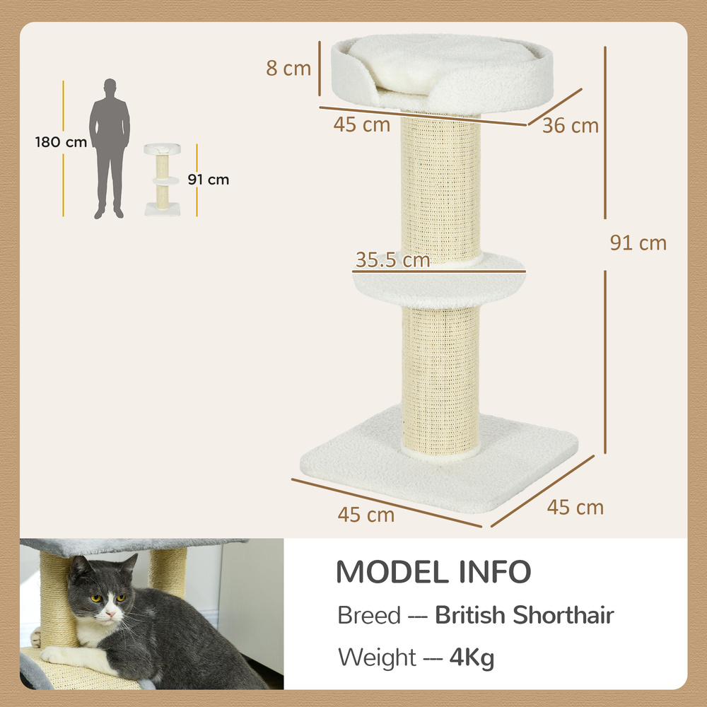 PawHut 2 Tier Sisal Sherpa Cat Tree with Basket Cushion Sisal Post Cream White