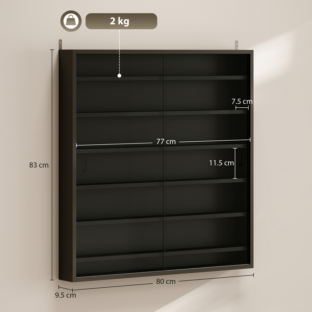 HOMCOM Six Shelf Display Cabinet, with Glass Doors - Black