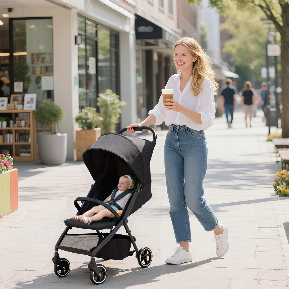 AIYAPLAY Travel Stroller, Lightweight Pushchair, Compact Buggy with Canopy, Basket and Multi-Position Recline, Dark Grey