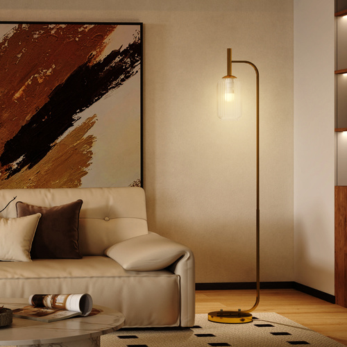 HOMCOM Floor Lamp for Living Room with Glass Lampshade, Modern Standing Lamp with Foot Switch for Bedroom, Bulb not Included, Gold Tone